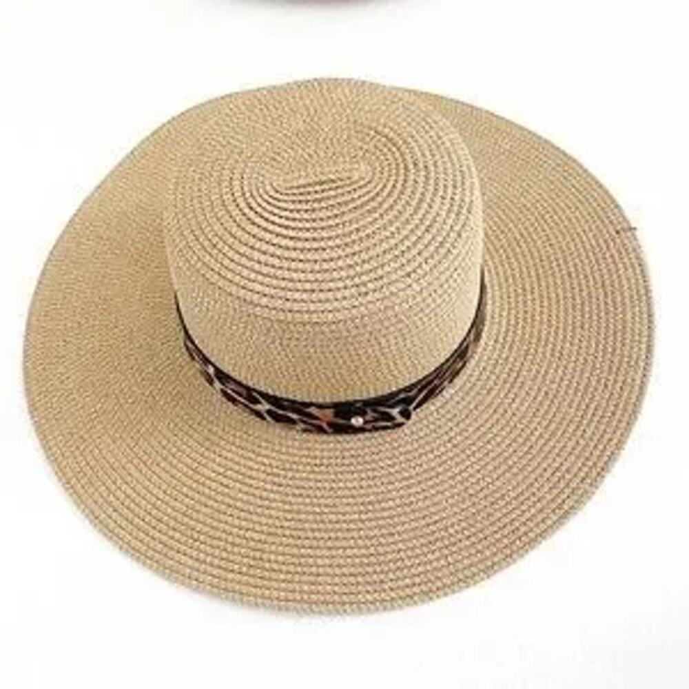 NWT Straw hat summer leopard attached belt round floppy boho